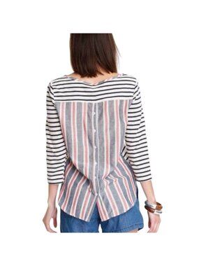 Comme Toi Striped Open Back T-Shirt Red Blue Button Back Long Sleeve Small